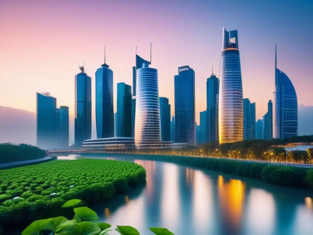Horizonte futurista: rascacielos sostenibles con jardines en la azotea Horizonte urbano futurista al anochecer con rascacielos sostenibles y jardines en la azotea, reflejados en un río cristalino al atardecer