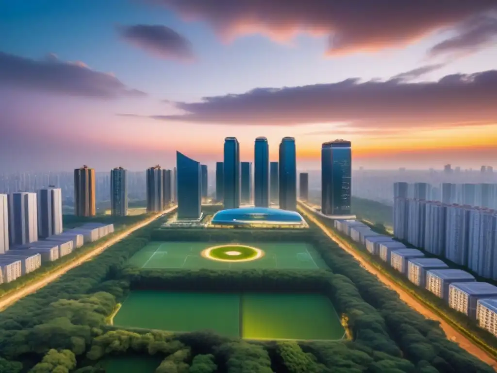 Un horizonte urbano futurista con rascacielos innovadores y áreas verdes, simbolizando el impacto de políticas de vivienda e inversión inmobiliaria