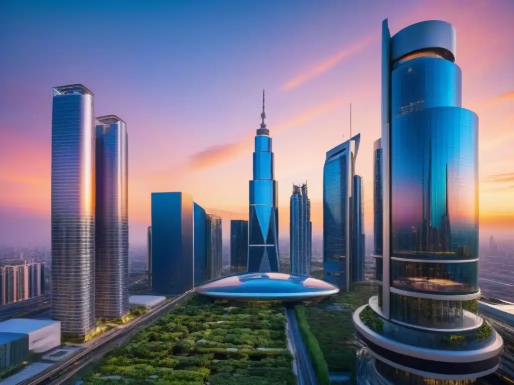 Horizonte futurista: rascacielos de vidrio y acero en una ciudad avanzada Horizonte urbano futurista con rascacielos de vidrio y acero, jardines verticales y coches voladores