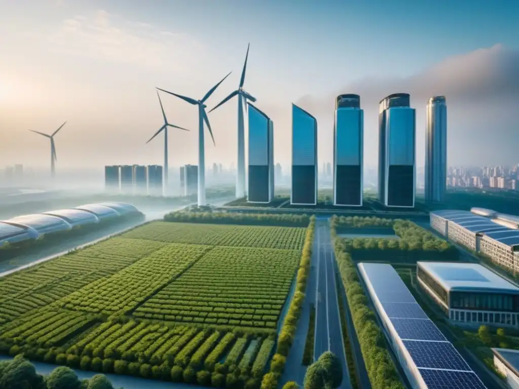 Metrópolis futurista sostenible: ciudades verdes del mañana Un horizonte urbano futurista con rascacielos sostenibles, jardines en azoteas y paneles solares