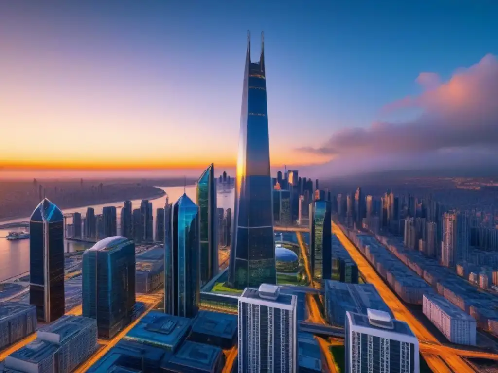 Metrópolis futurista: innovación y prosperidad en un atardecer brillante Un horizonte urbano futurista con rascacielos modernos y sistemas de transporte avanzados, bañado por la cálida luz del atardecer