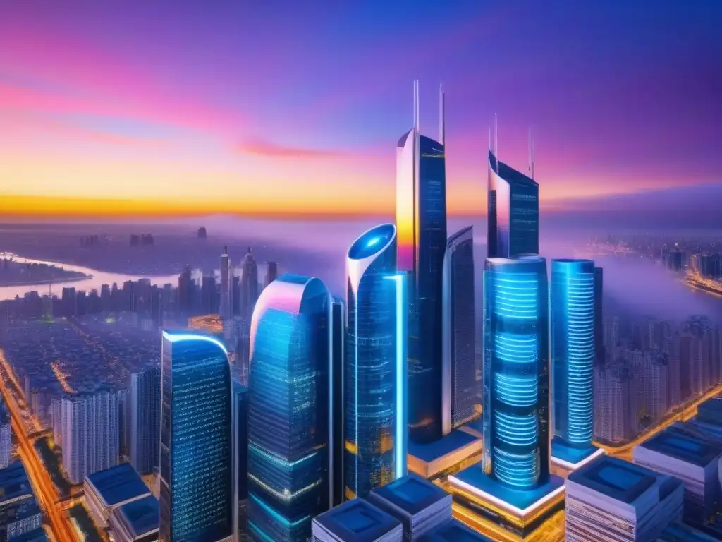 Horizonte futurista: Finanzas y tecnología en la ciudad Un horizonte urbano futurista con rascacielos elegantes y pantallas digitales mostrando datos financieros en tiempo real, iluminado por una puesta de sol vibrante