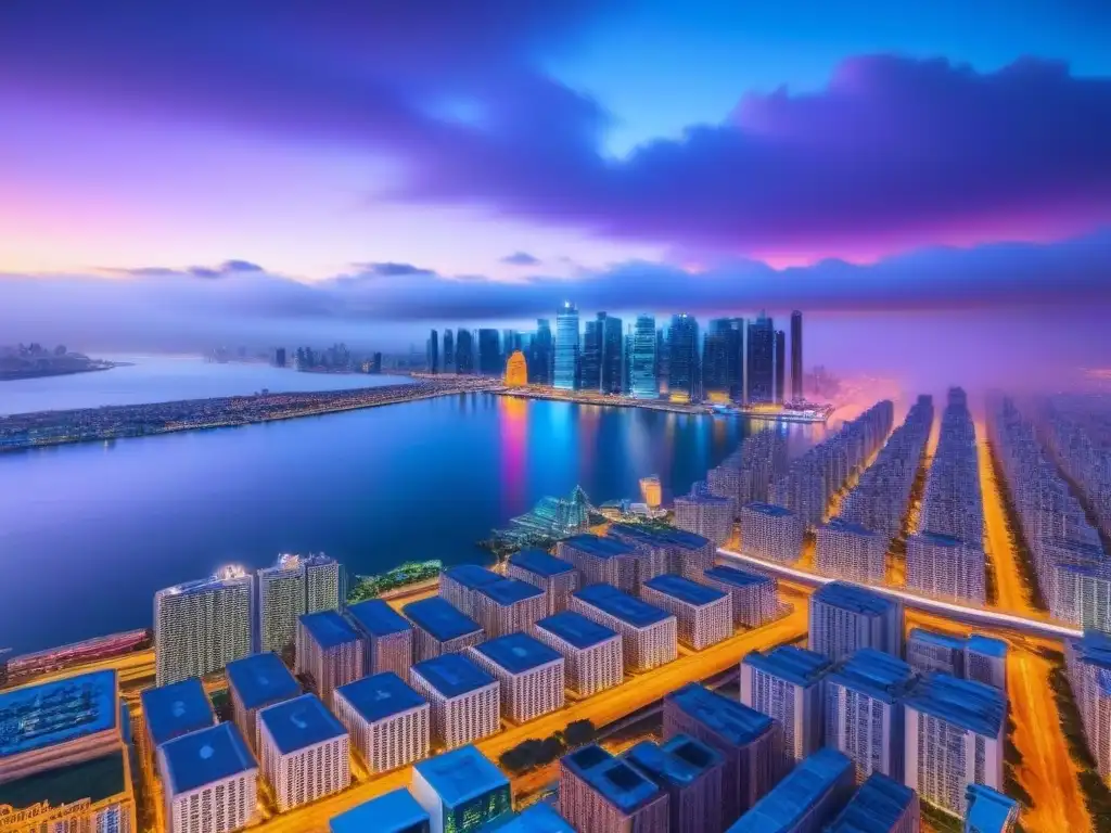 Horizonte futurista: metrópolis innovadora en neon Horizonte urbano futurista al anochecer, con rascacielos modernos iluminados por luces neón
