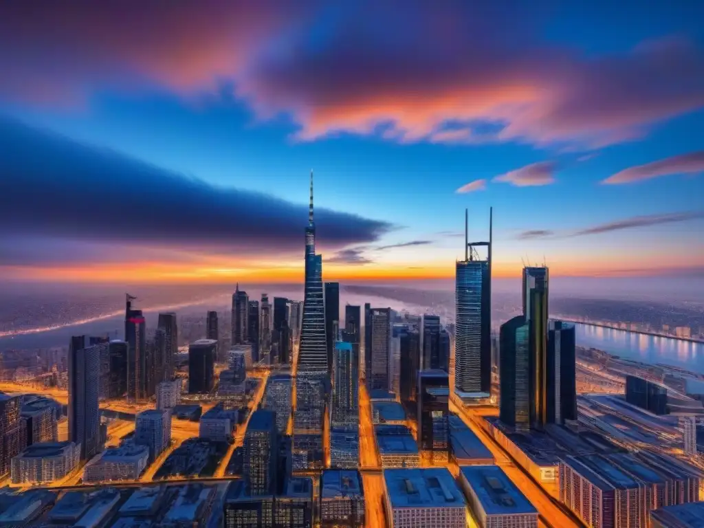 Horizonte futurista: inversión inmobiliaria y regulaciones legales Horizonte urbano futurista con rascacielos modernos que reflejan el atardecer, fusionando inversores inmobiliarios y actualizaciones de legislación