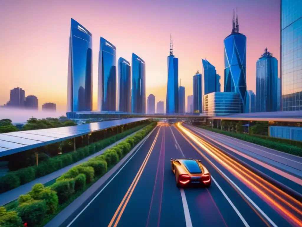 Metrópolis futurista: fusión de naturaleza y tecnología al atardecer Horizonte urbano futurista al anochecer con rascacielos de vidrio, naturaleza y tecnología