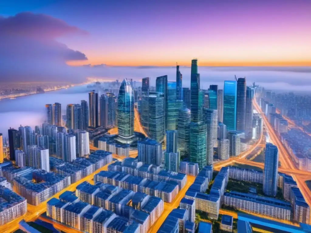 Skyline futurista: Proptech revoluciona el desarrollo inmobiliario Un horizonte urbano futurista con rascacielos inteligentes y tecnología en el desarrollo inmobiliario