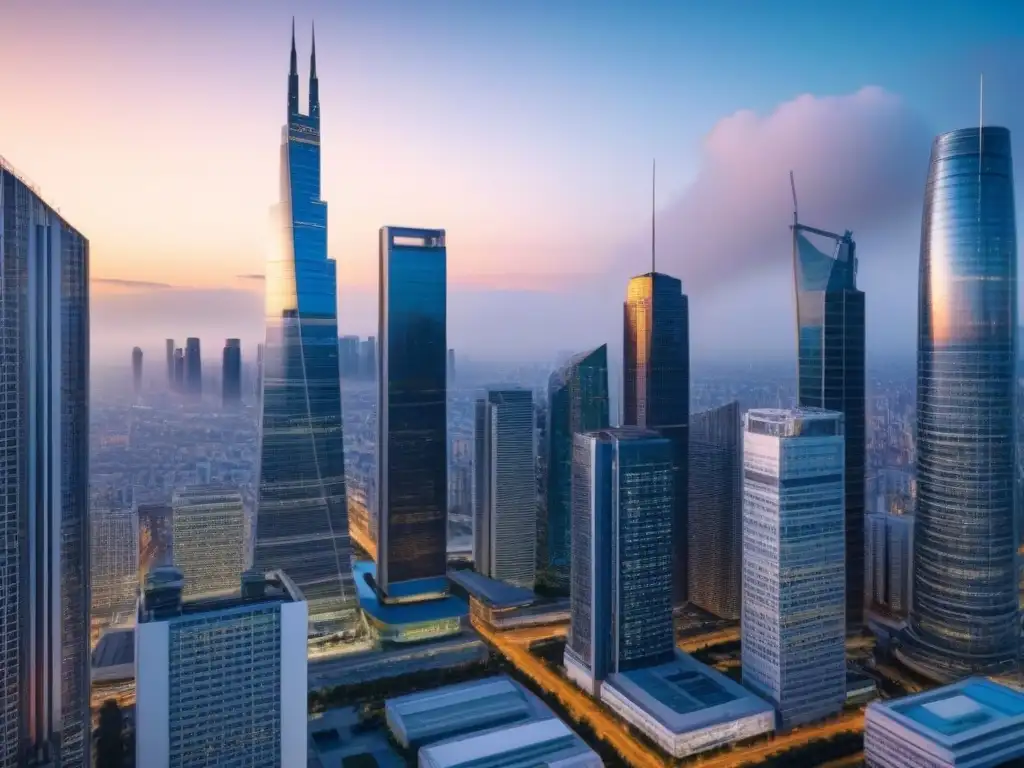 Skyline futurista: Proptech revoluciona inversiones inmobiliarias Un horizonte urbano futurista con rascacielos innovadores y Proptech para evaluación de riesgos