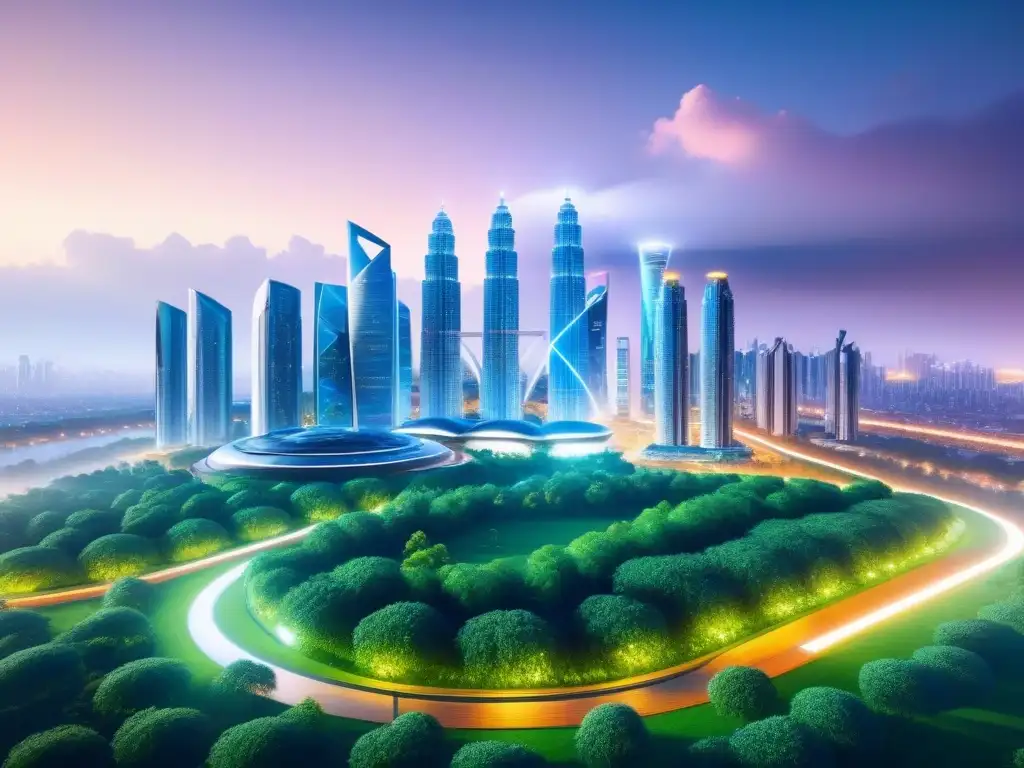 Metrópolis futurista: fusión de tecnología y naturaleza Un horizonte urbano futurista con rascacielos modernos, parques verdes y diseño sostenible, iluminado con tecnología eficiente