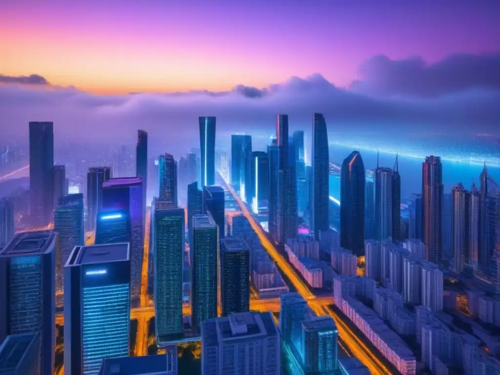 Metrópolis futurista: red de contratos inteligentes en inmuebles Un horizonte urbano futurista con rascacielos elegantes iluminados por luces de neón vibrantes, mostrando una red sin fisuras de contratos inteligentes interconectados simbolizados por hilos digitales brillantes que se entrelazan entre los edificios, representando la eficiencia y trans