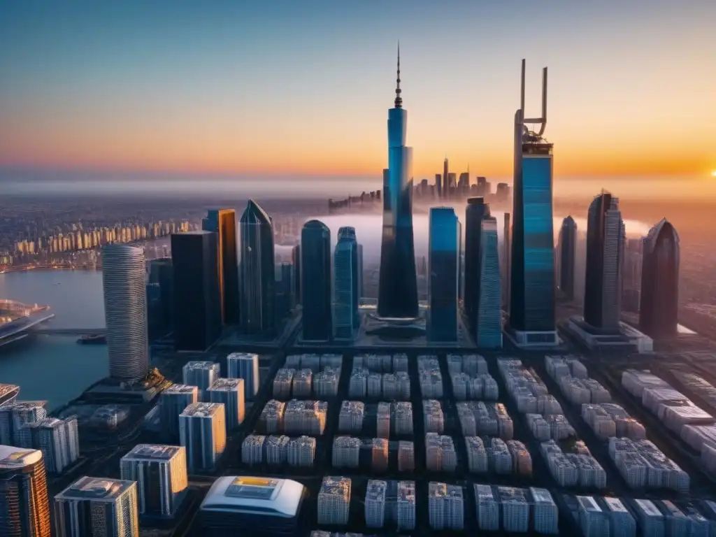 Metrópolis futurista bañada por la luz dorada del atardecer Un horizonte urbano futurista con rascacielos modernos reflejando la luz dorada del atardecer