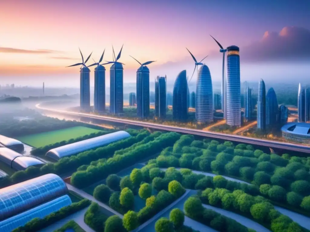 Horizonte urbano futurista: sostenibilidad y innovación en la ciudad del mañana Un horizonte urbano futurista al anochecer, con rascacielos sostenibles y diseño energéticamente eficiente