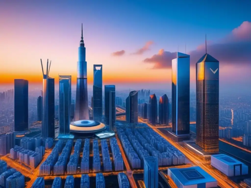 Metrópolis futurista: blockchain revoluciona la innovación inmobiliaria Un horizonte urbano futurista con rascacielos de cristal reflejando el sol y tecnología blockchain en financiamiento inmobiliario
