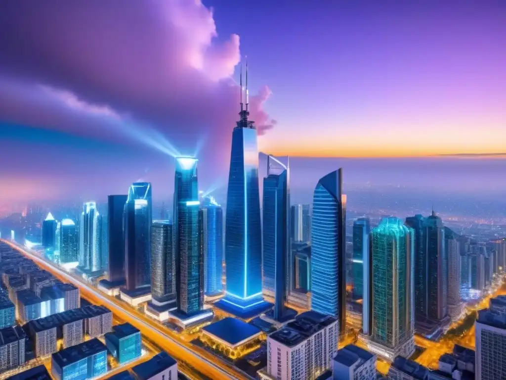 Horizonte futurista de la ciudad: innovación en crowdfunding inmobiliario Horizonte urbano futurista con rascacielos modernos iluminados por luces de neón, reflejando progreso y oportunidad