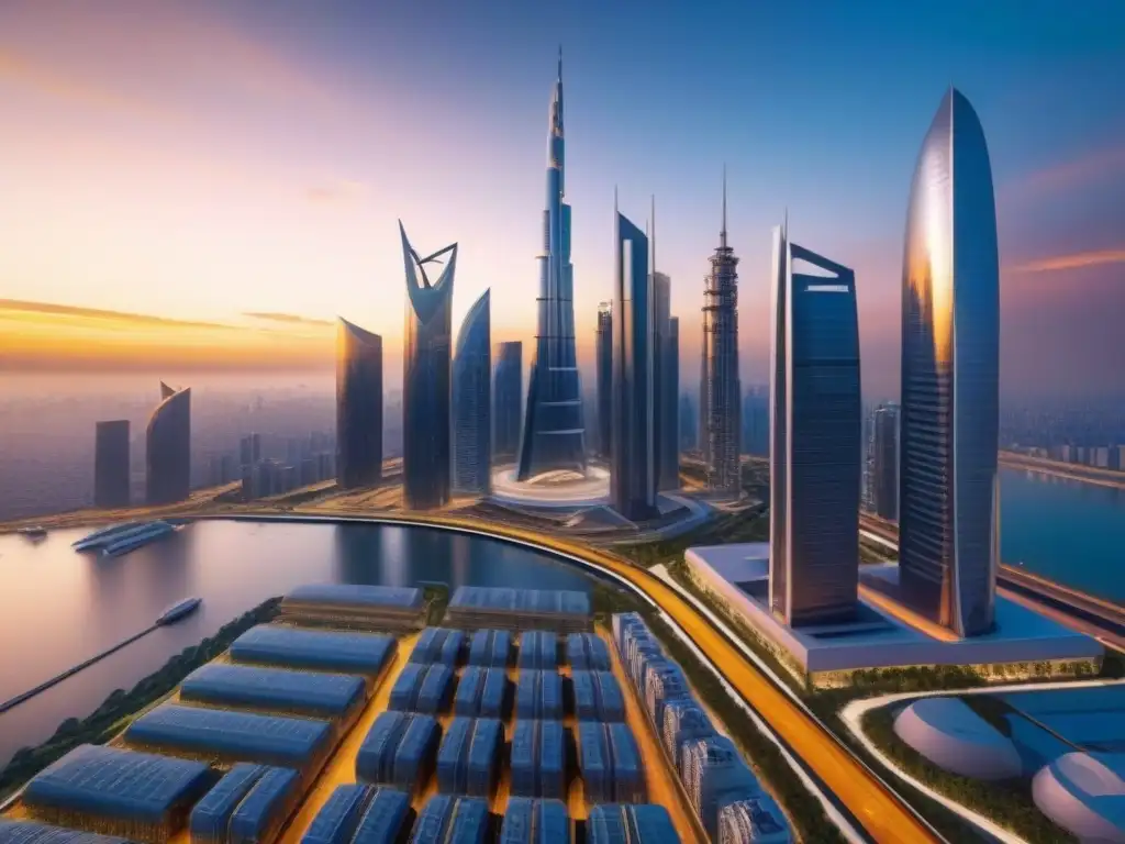 Horizonte urbano futurista con rascacielos reflectantes al atardecer