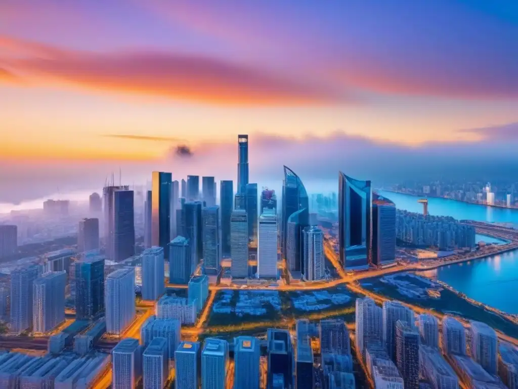 Horizonte urbano futurista al anochecer con transacciones inmobiliarias en tiempo real y contratos inteligentes en finanzas inmobiliarias