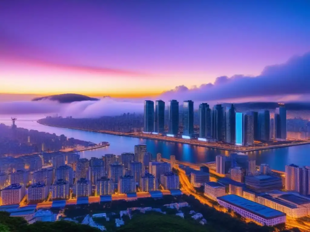 Horizonte urbano futurista y vibrante al anochecer, con rascacielos iluminados y coloridos, simbolizando oportunidades de inversión en bienes raíces