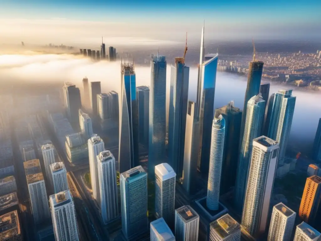 Metrópolis en desarrollo: luces y sombras de una ciudad vibrante Un horizonte urbano impresionante con rascacielos monumentales y proyectos inmobiliarios en desarrollo, reflejando progreso y ambición