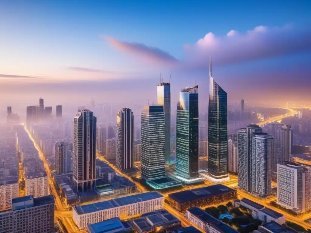 Espectacular atardecer en la ciudad: modernos rascacielos iluminados Un horizonte urbano moderno al atardecer, con rascacielos iluminados