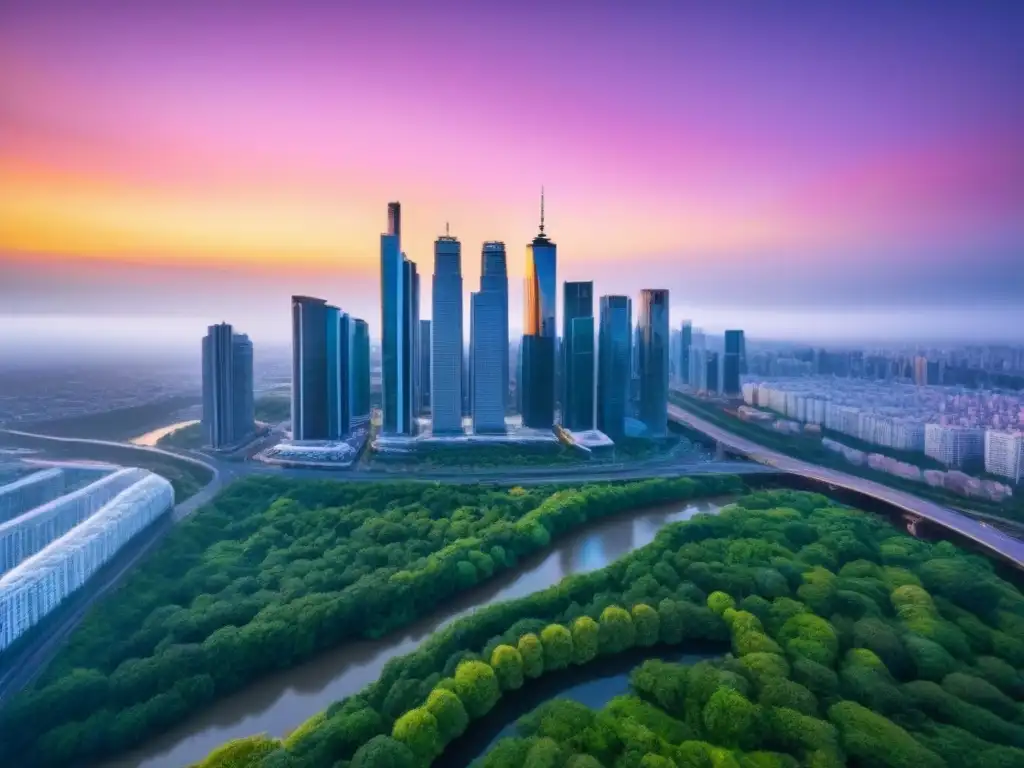 Horizonte urbano y naturaleza al atardecer: armonía metropolitana Horizonte urbano moderno al atardecer, reflejando rascacielos de vidrio con el cielo naranja y rosa, parques verdes y un río