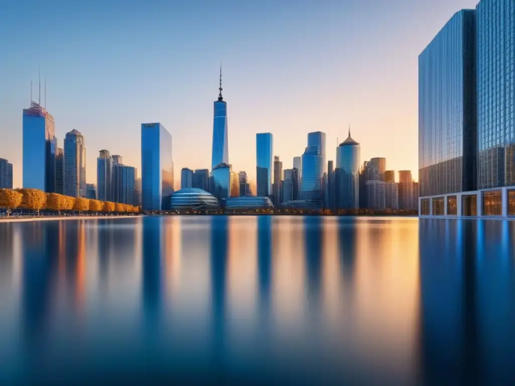 Horizonte urbano al atardecer: fusión de tradición y modernidad Horizonte urbano moderno al atardecer, con rascacielos reflejando la cálida luz dorada bajo un cielo azul