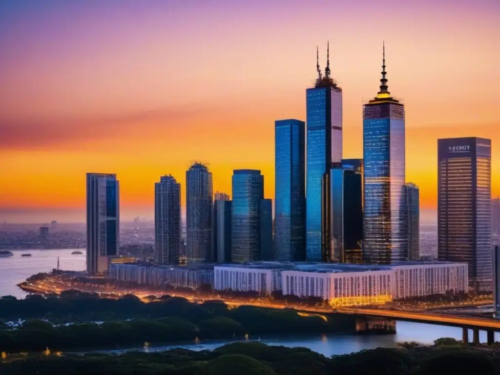 Horizonte urbano moderno al atardecer: luces doradas en rascacielos Un horizonte urbano moderno al atardecer, reflejando la luz dorada del sol y la Normativa financiamiento inmobiliario inversor