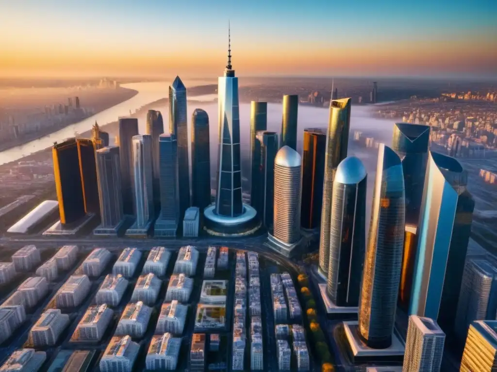 Espectacular horizonte urbano al atardecer: futuro inmobiliario Un horizonte urbano moderno al atardecer, reflejando normativas inmobiliarias inversión beneficios