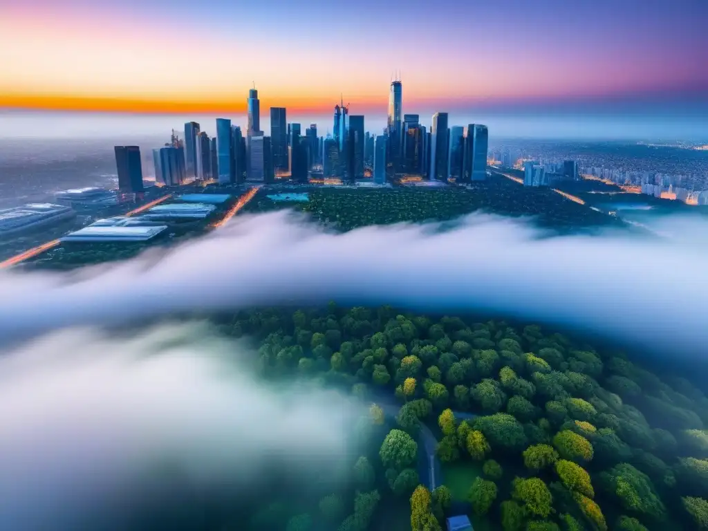 Espectacular ciudad moderna al atardecer: luces, rascacielos y naturaleza Un horizonte urbano moderno al atardecer, fusionando rascacielos y parques verdes