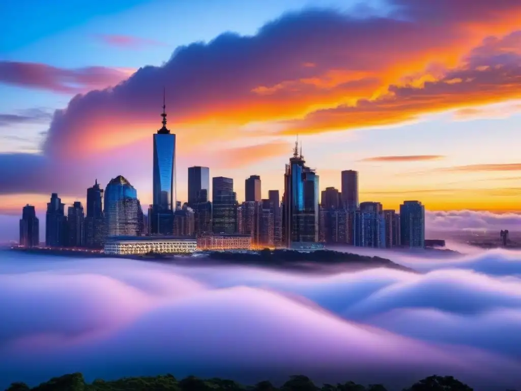Horizonte urbano al atardecer: sofisticación y crecimiento en la ciudad Horizonte urbano moderno al atardecer, con rascacielos elegantes y luces vibrantes que iluminan la ciudad contra un cielo colorido