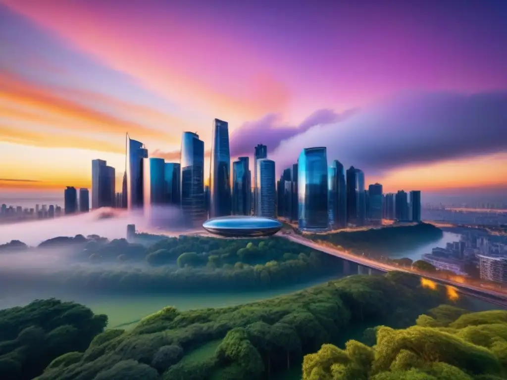 Horizonte urbano al atardecer: modernidad y naturaleza en armonía Un horizonte urbano moderno al atardecer con rascacielos relucientes y naturaleza exuberante