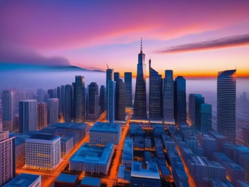 Horizonte urbano moderno al atardecer: imagen 8k impactante Horizonte urbano moderno al atardecer con rascacielos relucientes y bulliciosas calles