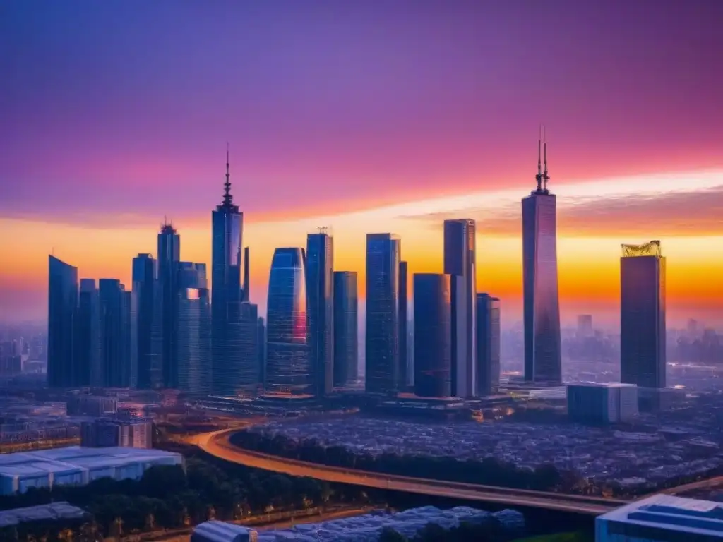 Horizonte urbano futurista al atardecer: avance en impuestos inmobiliarios Horizonte urbano moderno al atardecer con rascacielos futuristas iluminados por el sol