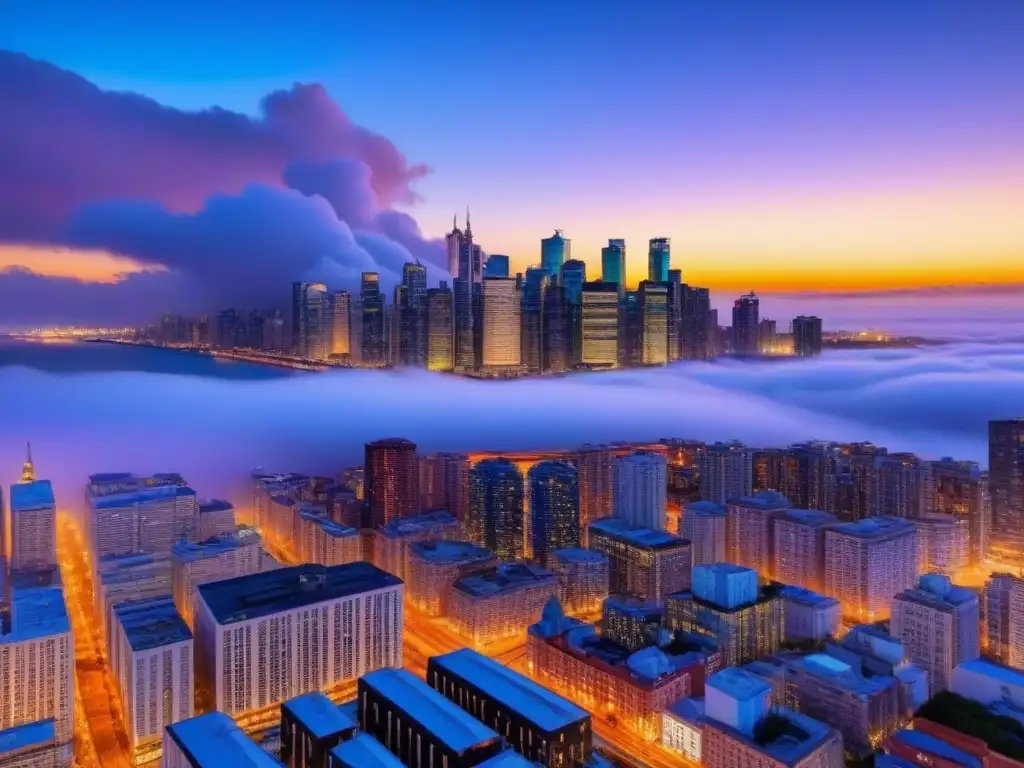 Horizonte urbano moderno al atardecer: luces y arquitectura Horizonte urbano moderno al atardecer con impacto en tasas de interés del sector inmobiliario