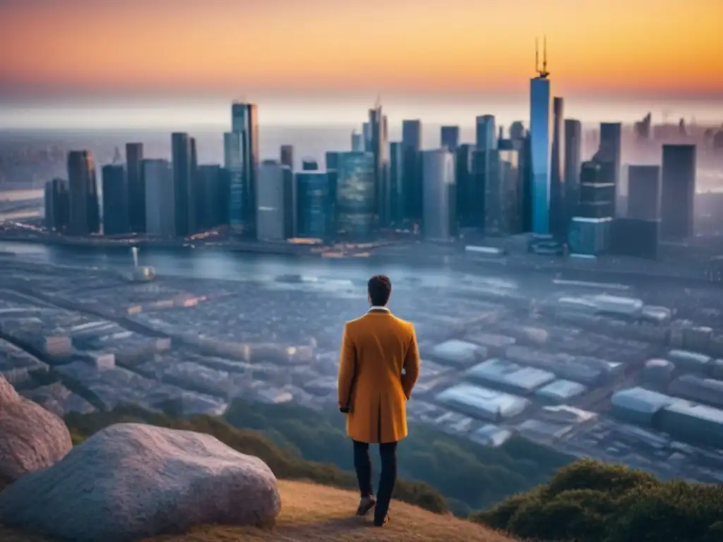 Un horizonte urbano moderno reflejando el atardecer, con rascacielos imponentes y una vida urbana vibrante