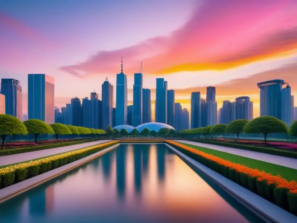 Horizonte urbano al atardecer: arquitectura moderna y esperanza Un horizonte urbano moderno al atardecer, con edificios altos y parque tranquilo
