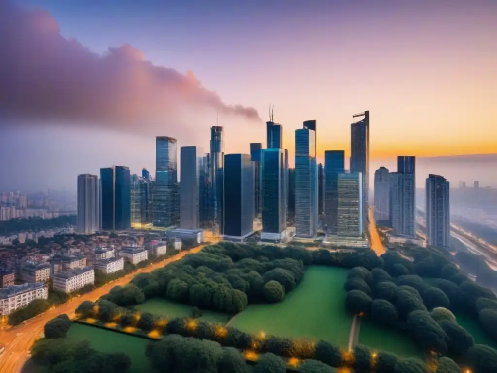 Vista aérea de ciudad moderna: financiamiento inmobiliario de alto valor Un horizonte urbano moderno y detallado, con rascacielos y edificios altos en una zona financiera y residencial exclusiva