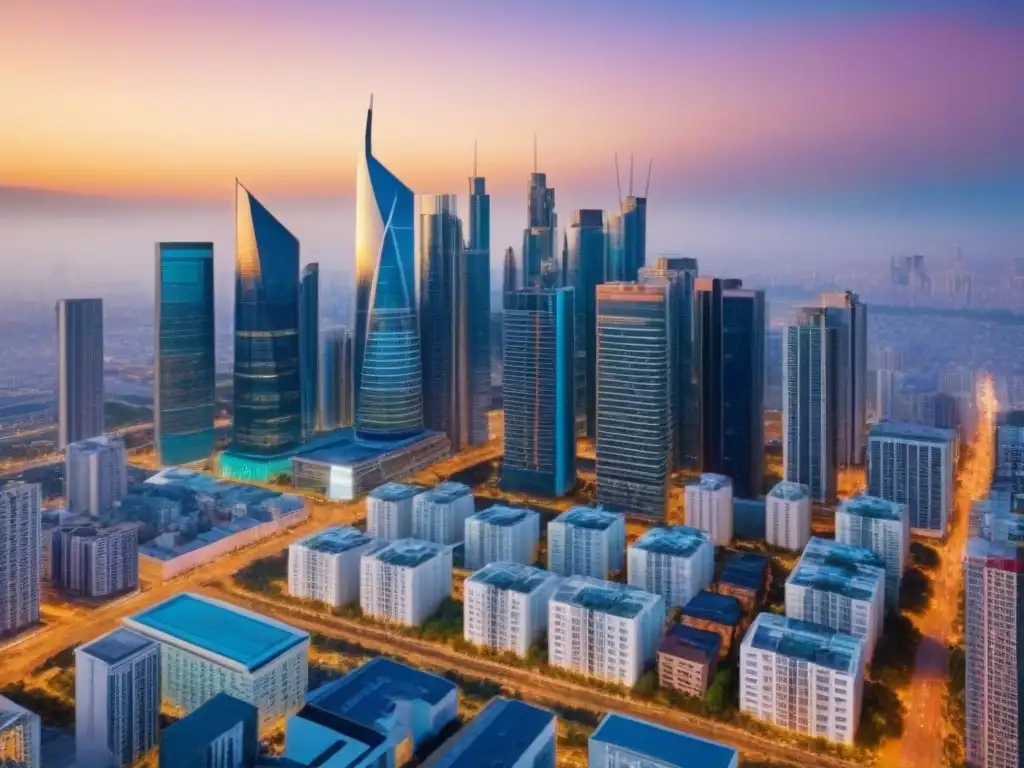Espectacular ciudad moderna al atardecer: inversión inmobiliaria Un horizonte urbano moderno y diverso iluminado por la cálida luz del atardecer