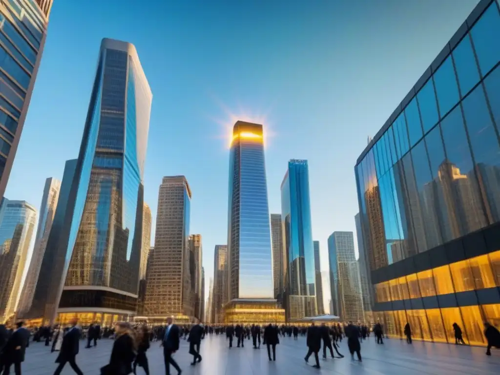 Horizonte urbano moderno: inversión exitosa en REITs Un horizonte urbano moderno dominado por rascacielos comerciales, reflejando la prosperidad de la inversión pasiva en REITs comerciales