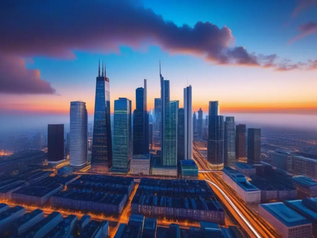 Horizonte urbano en 8k: pólizas de coinsurance en seguros de bienes raíces Un horizonte urbano moderno con edificios interconectados por líneas brillantes, reflejando cláusulas de coaseguro en pólizas inmobiliarias