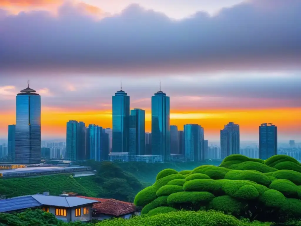 Horizonte urbano verde y vibrante al atardecer Horizonte urbano moderno con edificios verdes destacando entre estructuras tradicionales, simbolizando el financiamiento verde para inversores