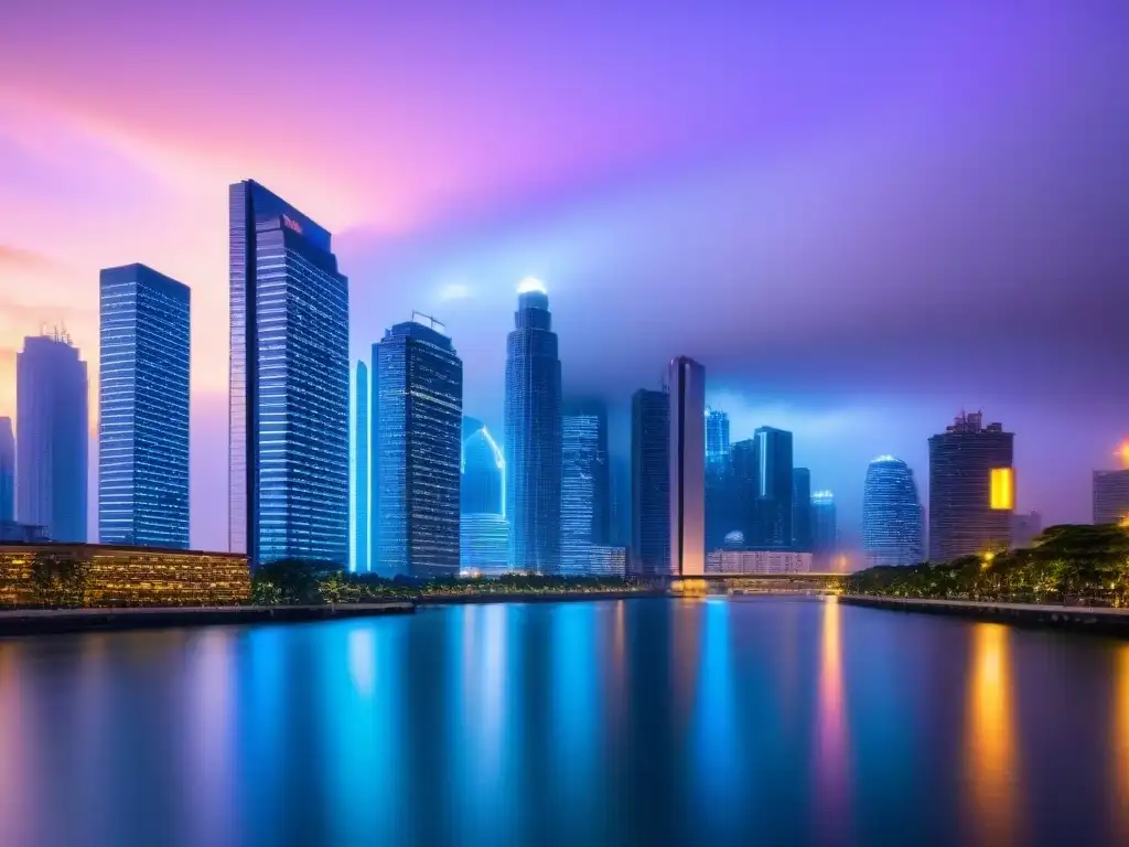 Un horizonte urbano moderno y elegante al anochecer, con rascacielos iluminados por luces de neón vibrantes, reflejándose en un río tranquilo