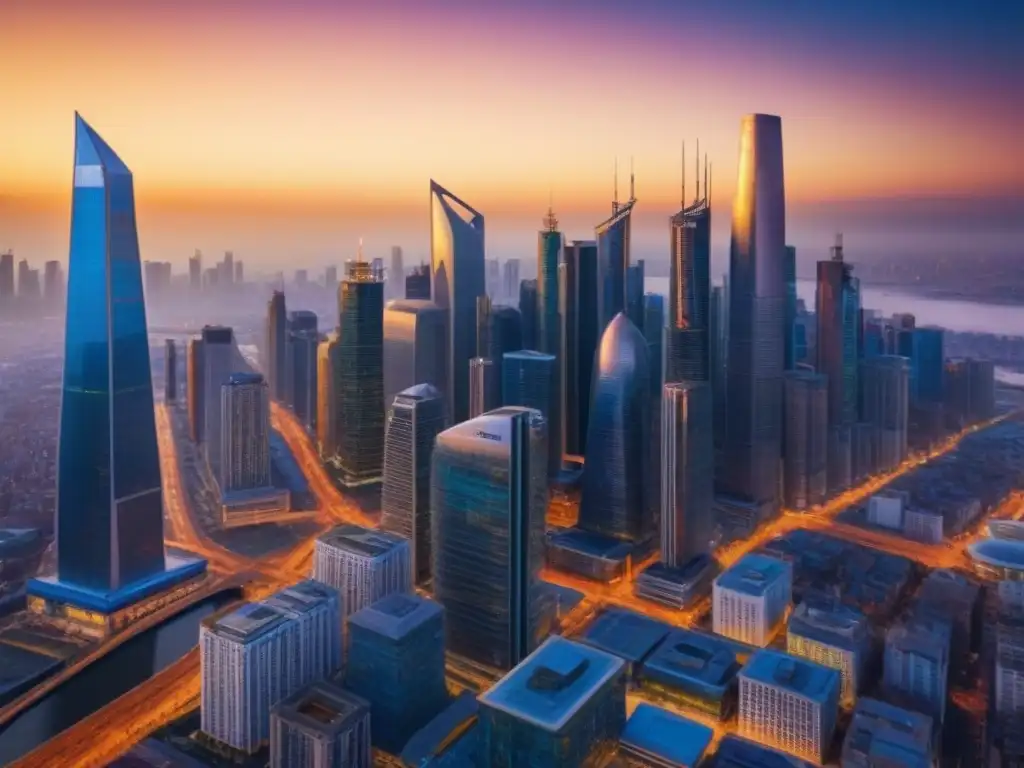 Horizonte urbano futurista: innovación inmobiliaria al atardecer Un horizonte urbano moderno y futurista con innovadores desarrollos inmobiliarios