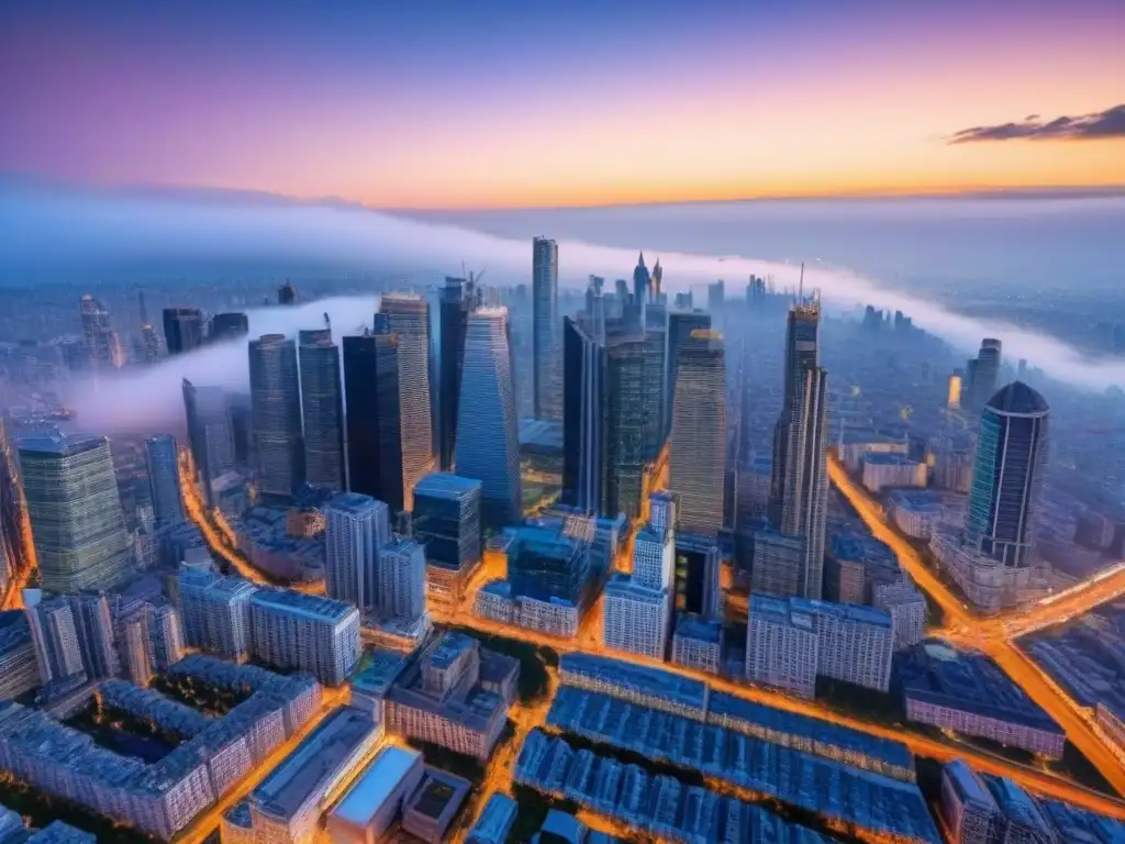 Espectacular vista aérea de la ciudad al atardecer Un horizonte urbano moderno iluminado por la calidez de las luces de la ciudad al anochecer