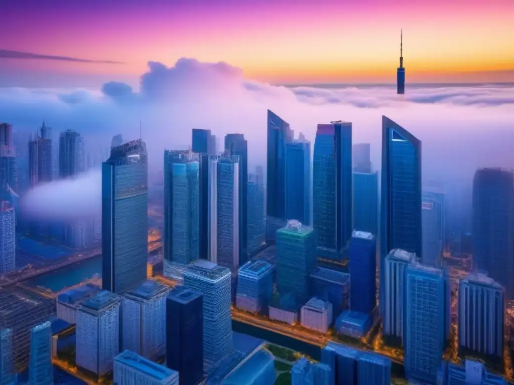 Ciudad moderna de lujo: rascacielos de cristal al atardecer Un horizonte urbano moderno y lujoso con rascacielos de cristal, reflejando los colores vibrantes de un atardecer