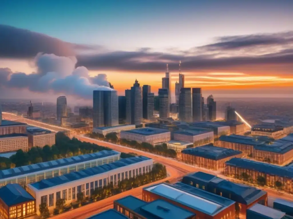 Un horizonte urbano moderno con una mezcla de estilos arquitectónicos, en una vibrante puesta de sol