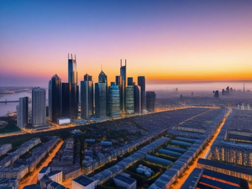 Un horizonte urbano moderno con rascacielos, bañado por la cálida luz del atardecer