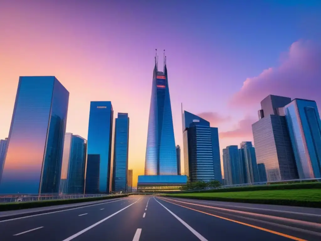 Horizonte urbano futurista: regulaciones inmobiliarias postpandemia Horizonte urbano moderno con rascacielos de cristal reflejando un cielo al atardecer, simbolizando la evolución del financiamiento inmobiliario postpandemia regulaciones