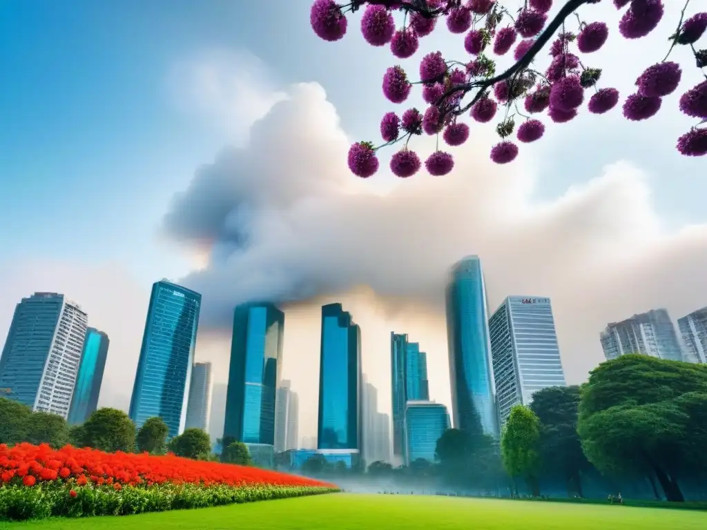 Horizonte urbano moderno en armonía: rascacielos y naturaleza Horizonte urbano moderno con rascacielos y un parque verde, simbolizando la armonía entre ciudad y naturaleza
