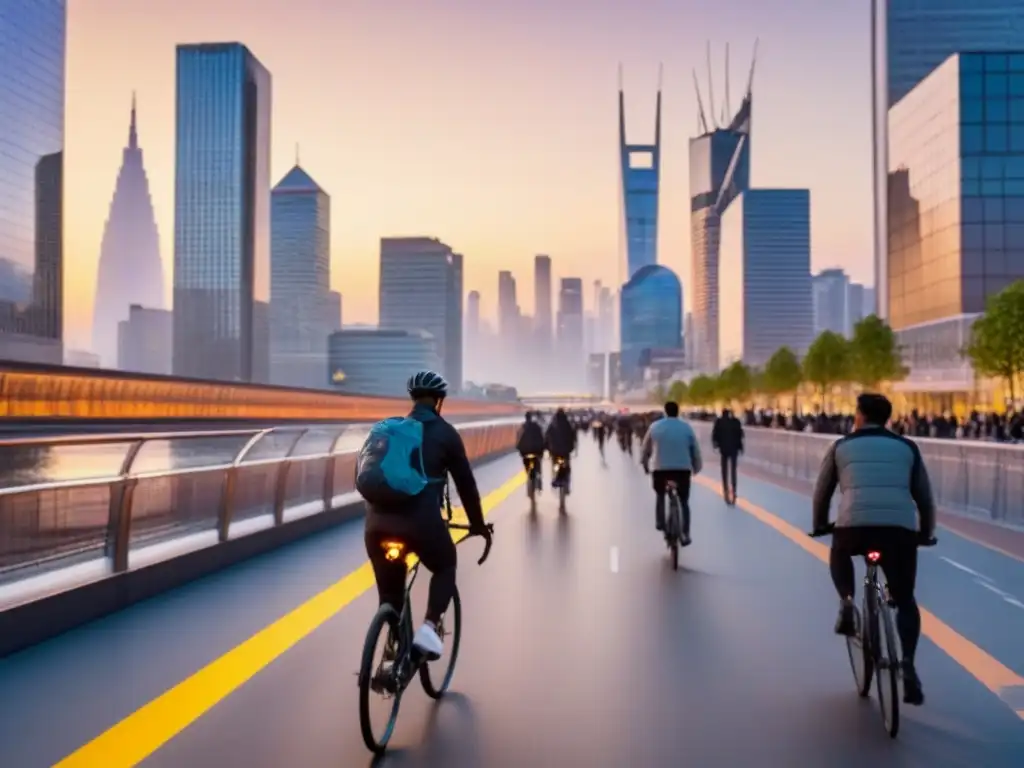 Horizonte urbano innovador al atardecer: arquitectura y vida en armonía Horizonte urbano moderno al anochecer con rascacielos y puentes iluminados, reflejando el sol