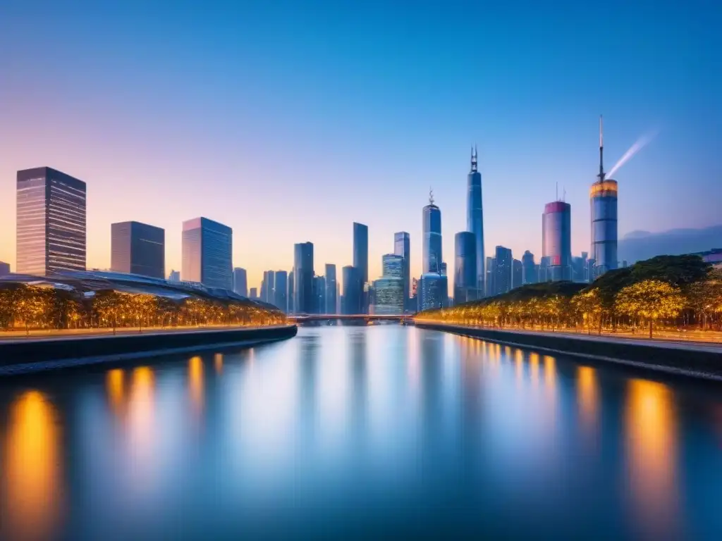 Horizonte urbano futurista: alianza Fintech y Proptech Horizonte urbano moderno al anochecer, con rascacielos iluminados y edificios futuristas reflejados en un río sereno