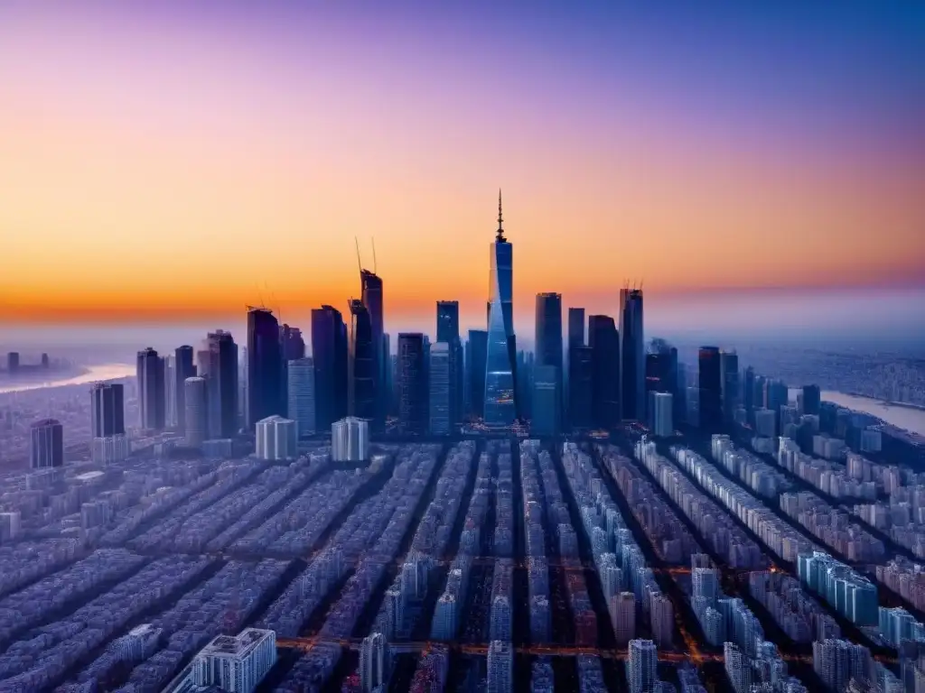 Horizonte urbano moderno con rascacielos de vidrio reflejando el atardecer, ideal para Tokenización de propiedades inmobiliarias blockchain